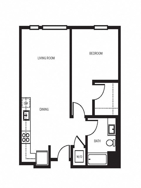Floor plan for 1 bed, 1 bath, 668 sqft